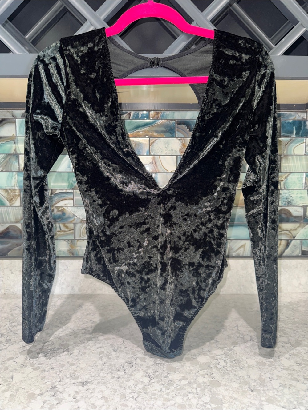 Victoria's Secret Black Crushed Velvet Long-Sleeve V-Neck Bodysuit